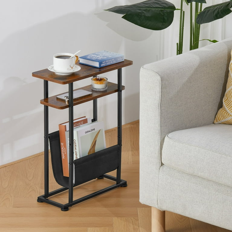Narrow Small Side Table for Small Spaces Slim End Table with Magazine Rack 2 in 1 Narrow End Table Living Room Skinny Bedside Table Nightstand