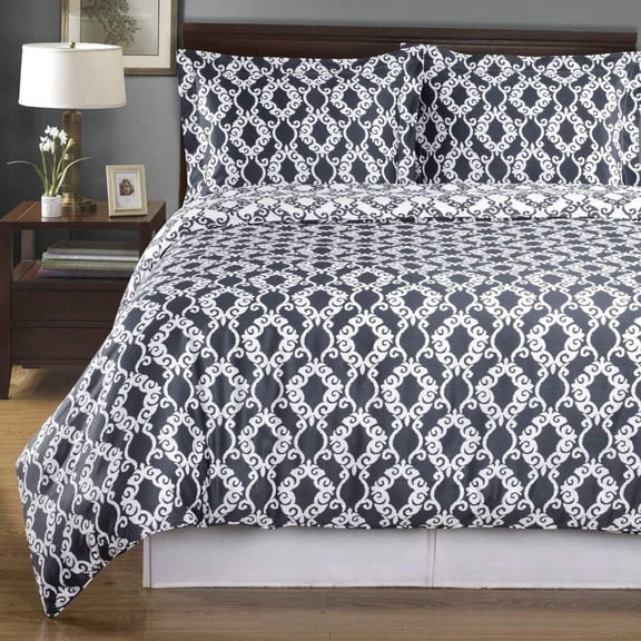 Gray/Blue and White Sierri 3-Piece Full/Queen Comforter Cover (Duvet-Cover-Set) 100% Cotton 300 TC