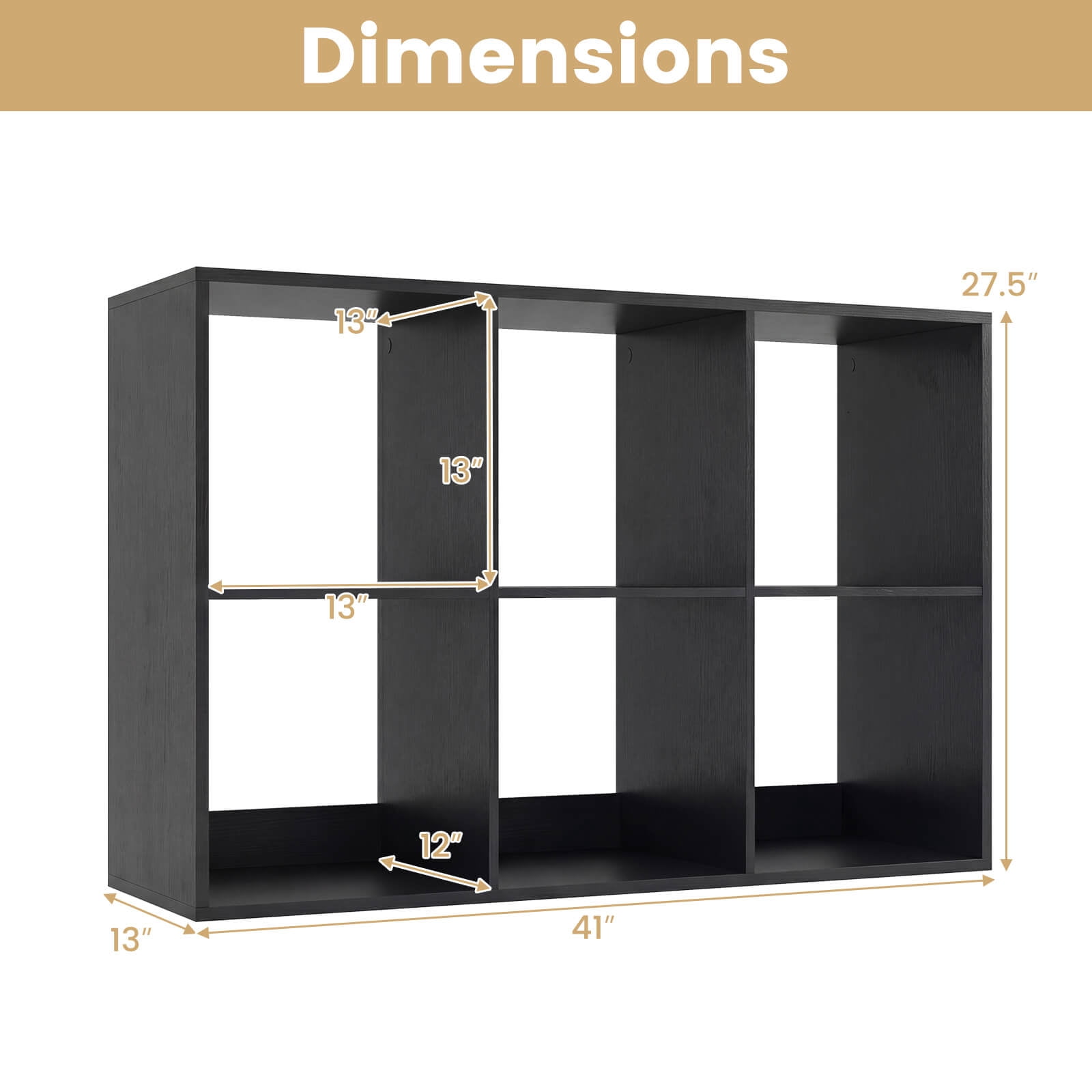 Costway 6-Cube Bookshelf, Modern Cubby Bookcase with Back Guardrail & Anti-tipping Kits Black