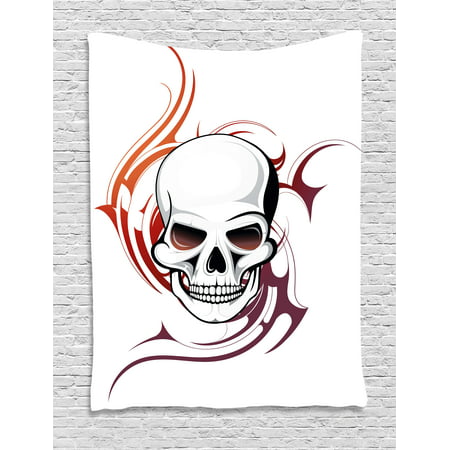 Tattoo Tapestry, Scary Fierce and Wild Skull with Red Flames Tribal Artistic Tattoo Image Design, Wall Hanging for Bedroom Living Room Dorm Decor, Red and White, by Ambesonne