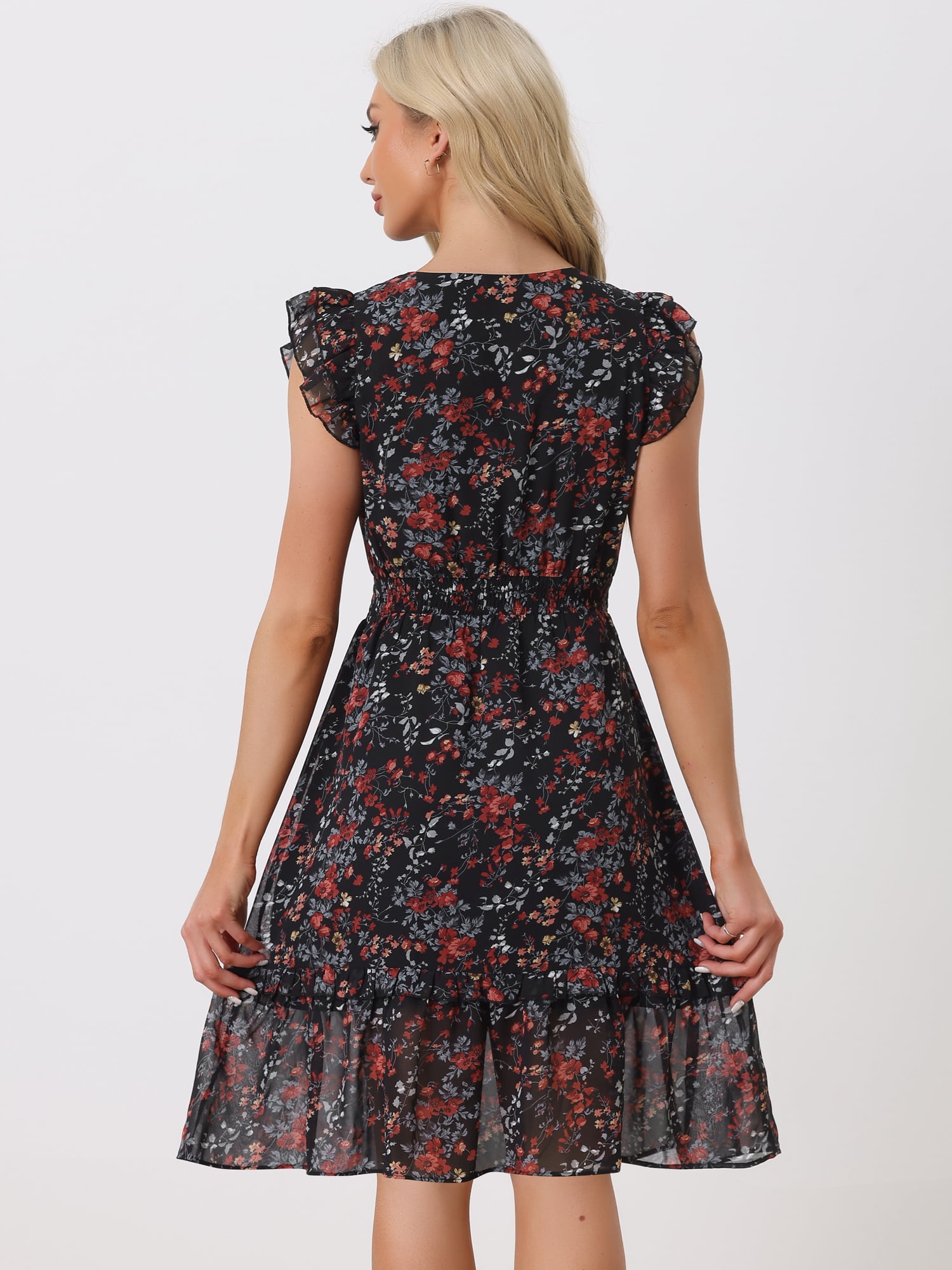 DARING DIVA Floral Flutter Sleeves V Neck Smocked Ruffle Dress XS Black Red