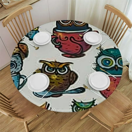 

Tllo0ord Elastic Edged Round Fitted Table Cloth Cover Home Decorative Tablecloth for Indoor Outdoor Kitchen Party Funny Owl in Coffee Mug Fits Tables 38-42