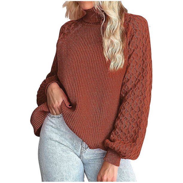 Puntoco Suéter Casual De Mujer Color Sólido Flor Trenzada Manga Larga Jersey De Punto Suéter De Cuello Alto Liquidación De Navidad Puntoco Puntoco-3833
