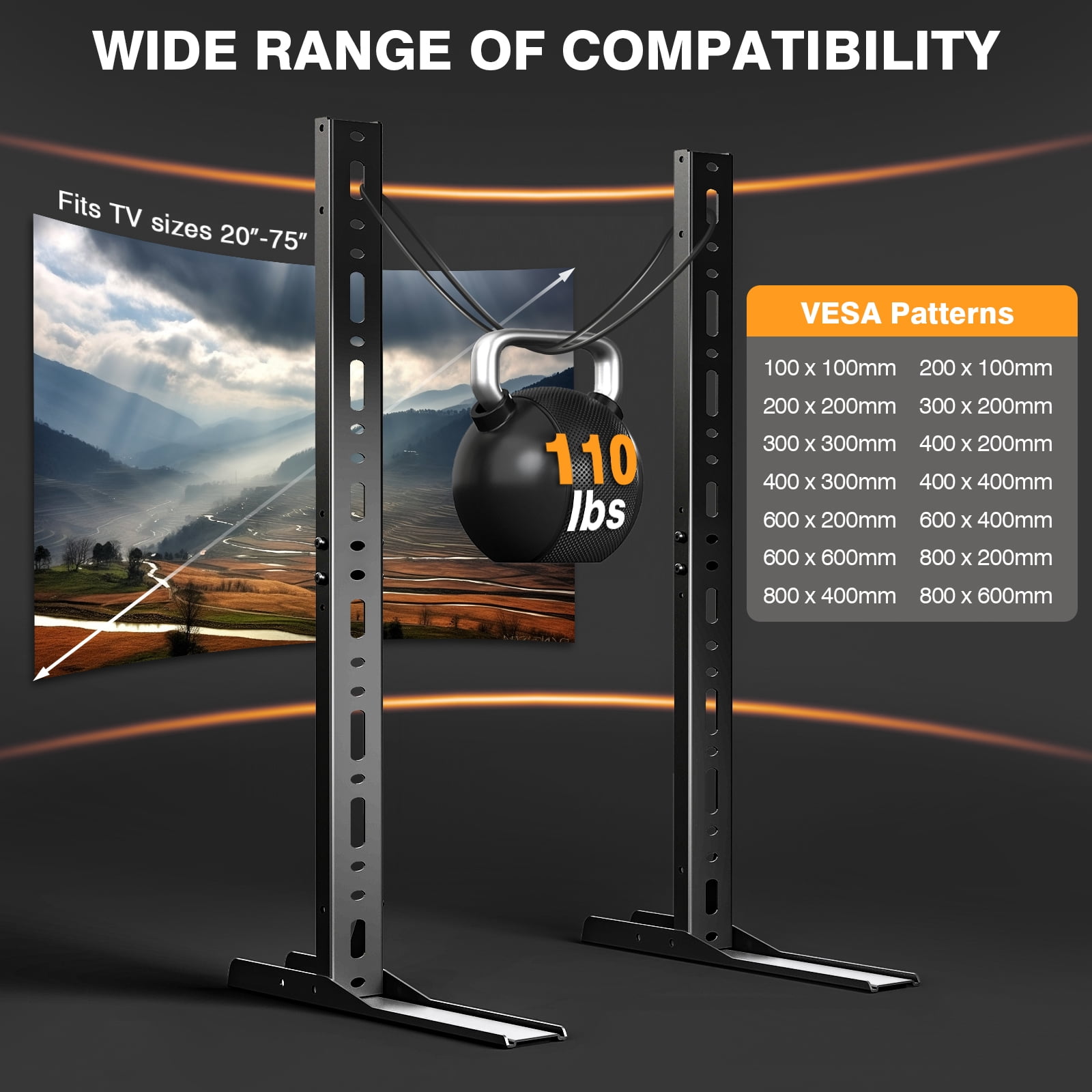 RTVR Universal  Table Top TV Stand  Base Height Adjustable  for Most 20 to 75 inch LCD LED TVs up to 110lbs
