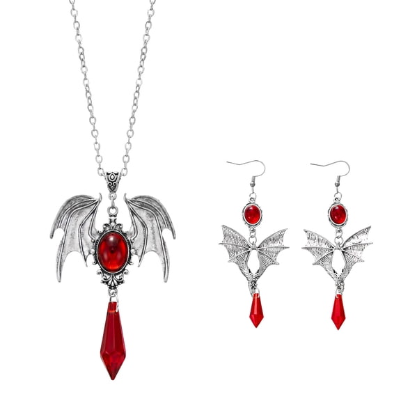 NICKSUN Halloween Gothic Bat Wing Jewelry Set, Antique Silver Necklace & Dangle Earrings with Red Gem Crystal Pendant, Dark Vampire Costume Accessory for Halloween Party