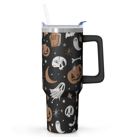 Pumpkin Design Halloween Tumbler 42oz with Handle - Double Wall Insulated Stainless Steel Cup, Leakproof Lid, Spooky Gift for Fall Parties