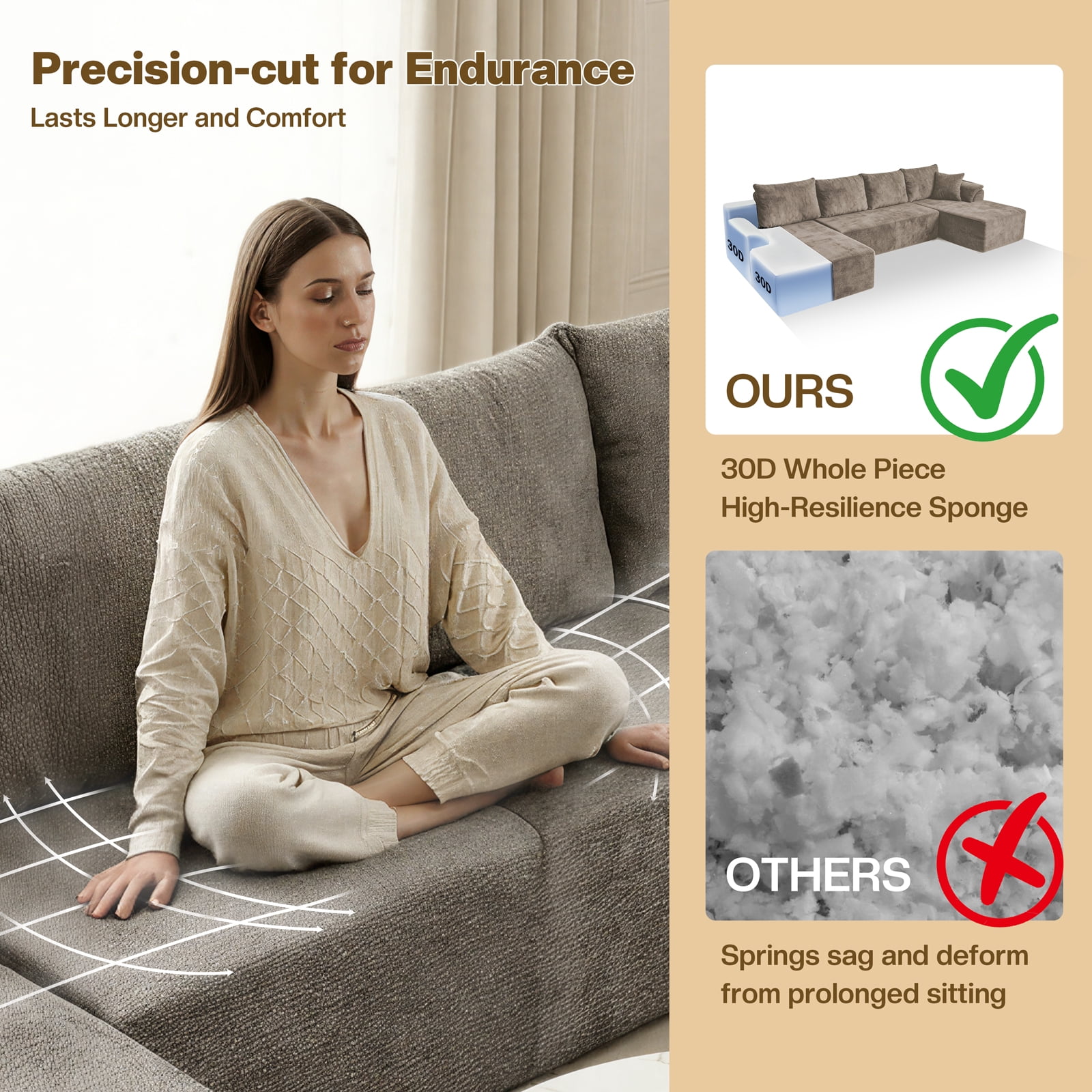 Kelyda 130'' Boneless Sectional Couch, Modern Chenille U Shaped Modular Cloud for Living Room Camel