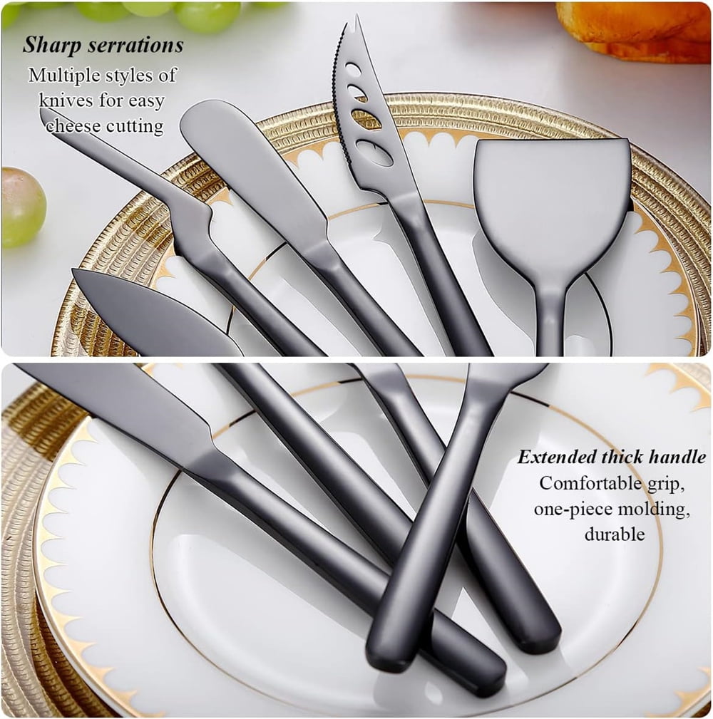 Cheese Knife Set of 5 for All Types of Cheese, NOGIS Stainless Steel Cheese Cutter Slicer Ergonomic Design for Confortable Grip and Cut, Butter Spreader Knife (Black)