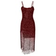 thumbnail image 4 of BLTIBY 2025 Women Sequin Dress Solid Color V Neck Sparkly Glitter Spaghetti Strap Fringe Sleeveless Short Party Night Out Club Fashion Dress Wine M, 4 of 7