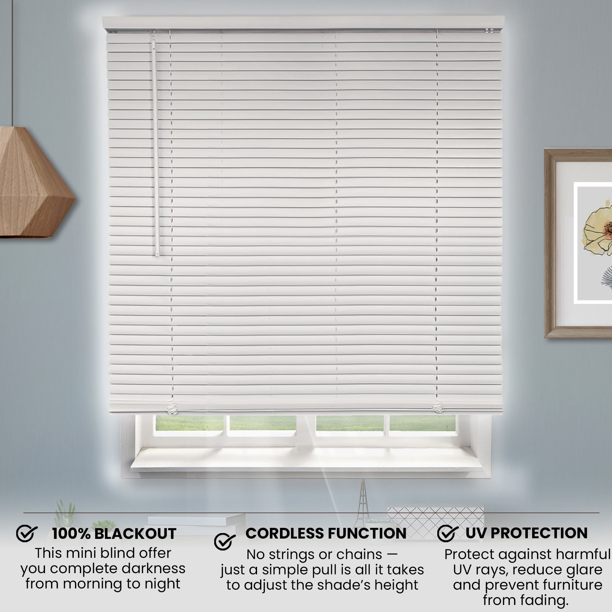 Chicology Cordless 1" Vinyl Mini Blinds Midnight White Blackout 39"W X ...