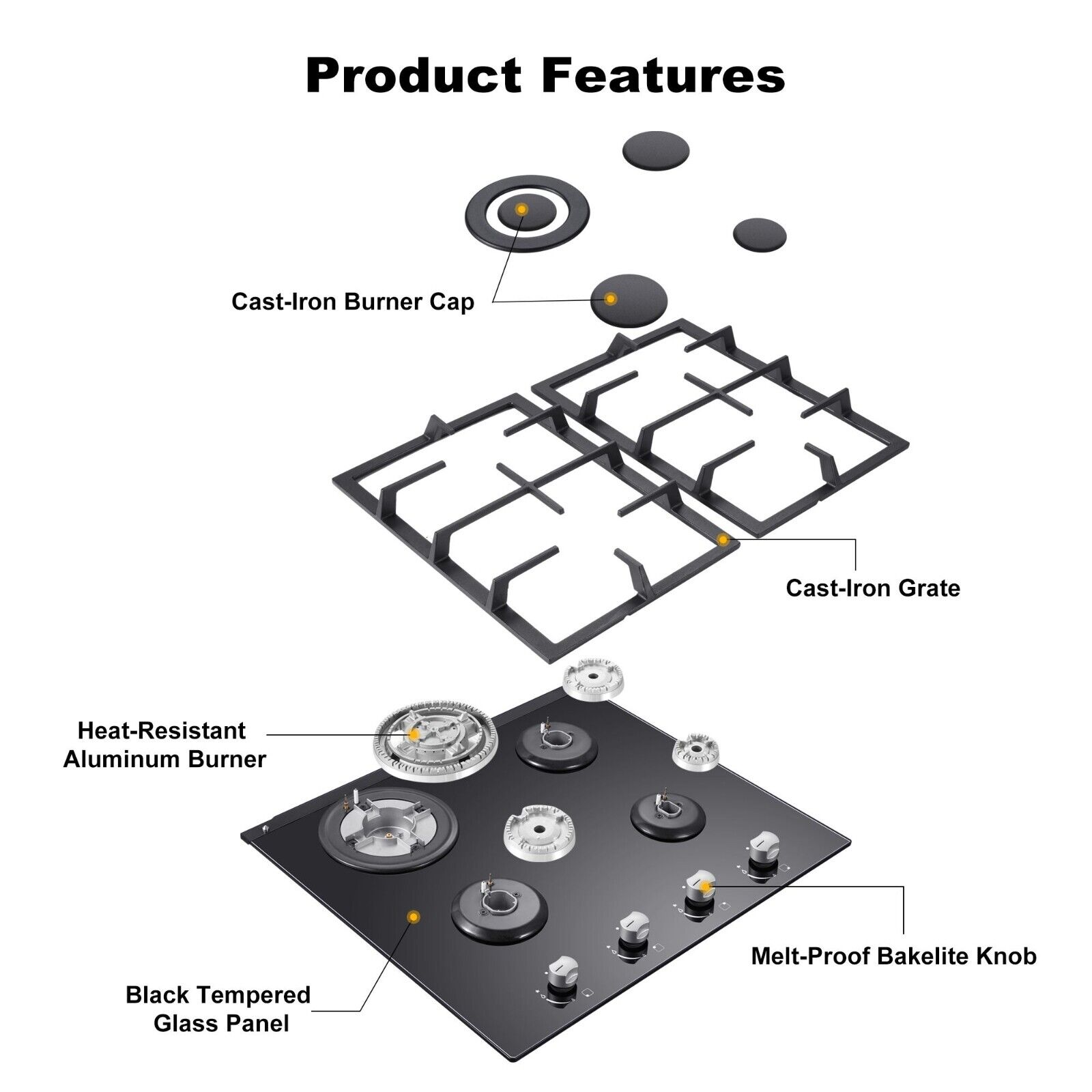 24 inch Built-in Gas Cooktop 4 Burners with Tempered Glass Dual Burners NG/LPG Convertible Countertop