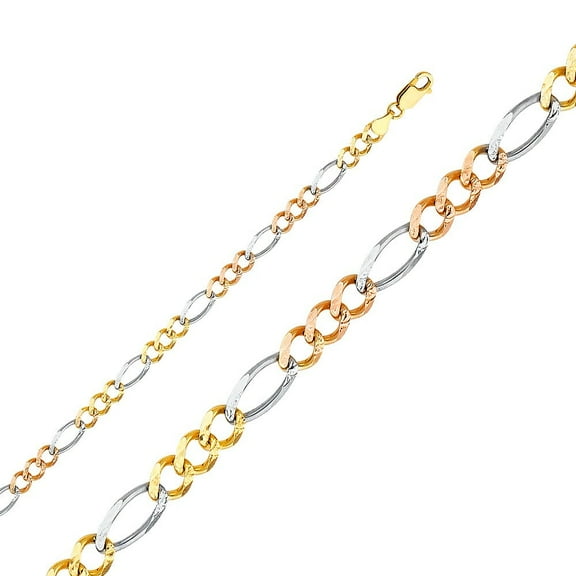 14k Solid Italian Gold Tri Color Stamped Figaro 3 1 Concave Chain Link Necklace 5.3mm 22"