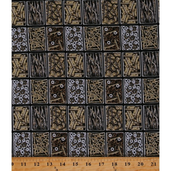 Cotton Screws Bolts Nuts Nails Tools Mechanics Equipment Man Cave Black Cotton Fabric Print by the Yard (9648-99)