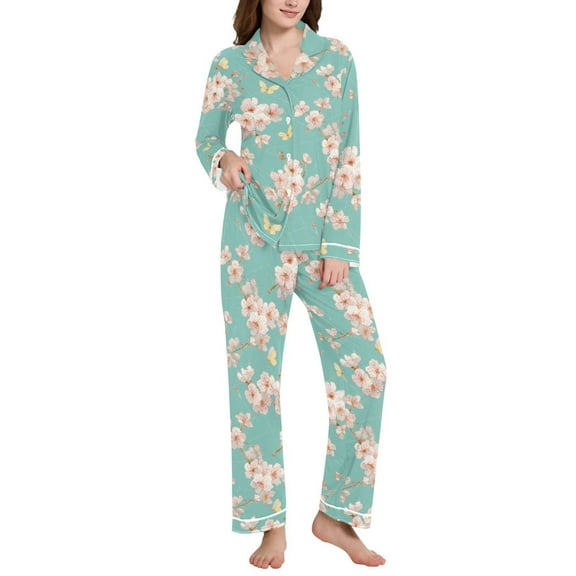 joogoo Pajamas Set for Women Butterfly Cherry Blossom Long Sleeve Pjs Loungewear L