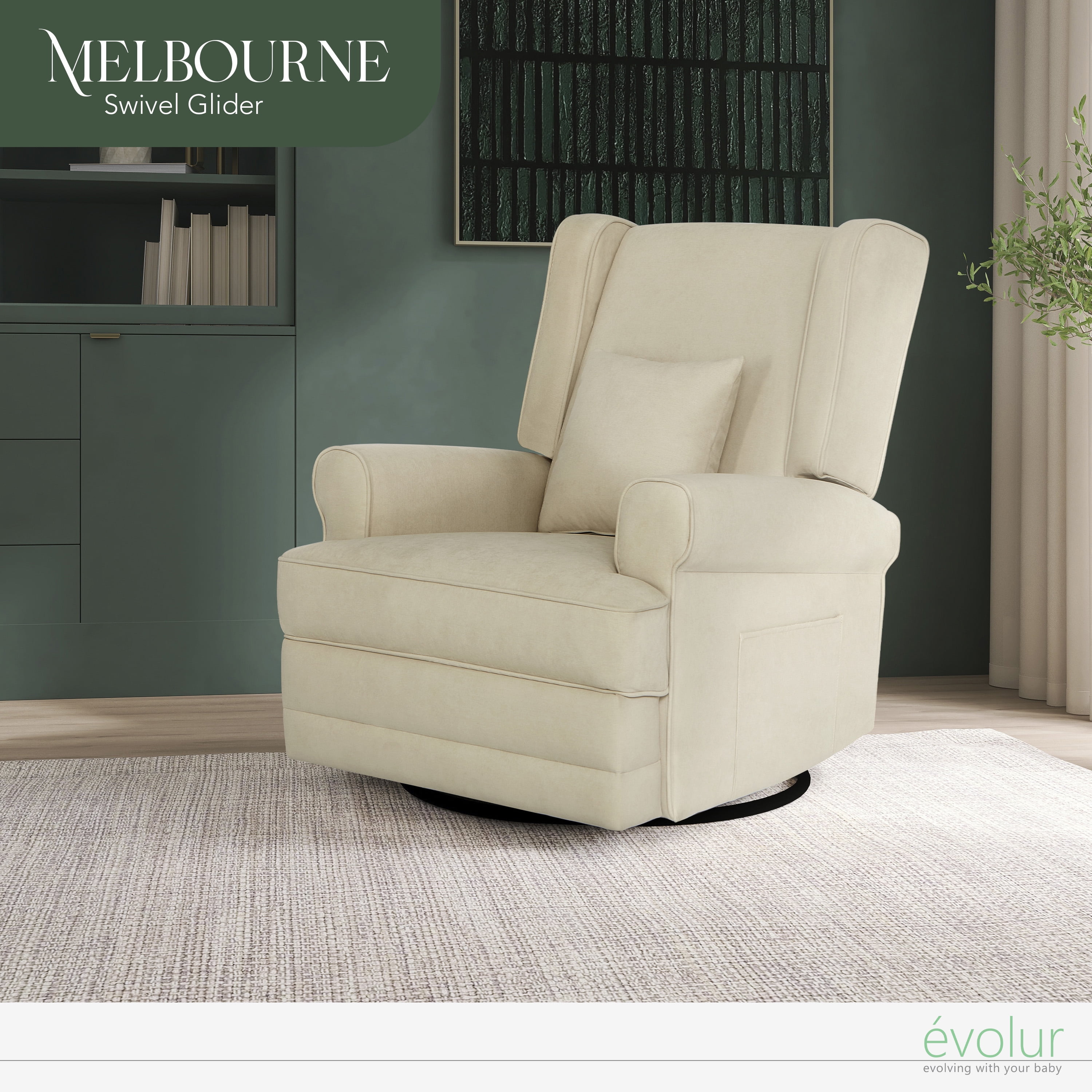 Evolur Melbourne Wing Back Swivel Glider I Nursery Glider I Durable Soft Fabric I Bonus Pillow In Shell