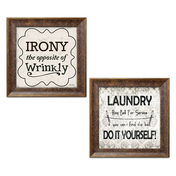 Gango Home Decor Traditional Irony & Laundry - Do It Yourself; Two 12x12in Art Prints in Gold Trim Brown Frames