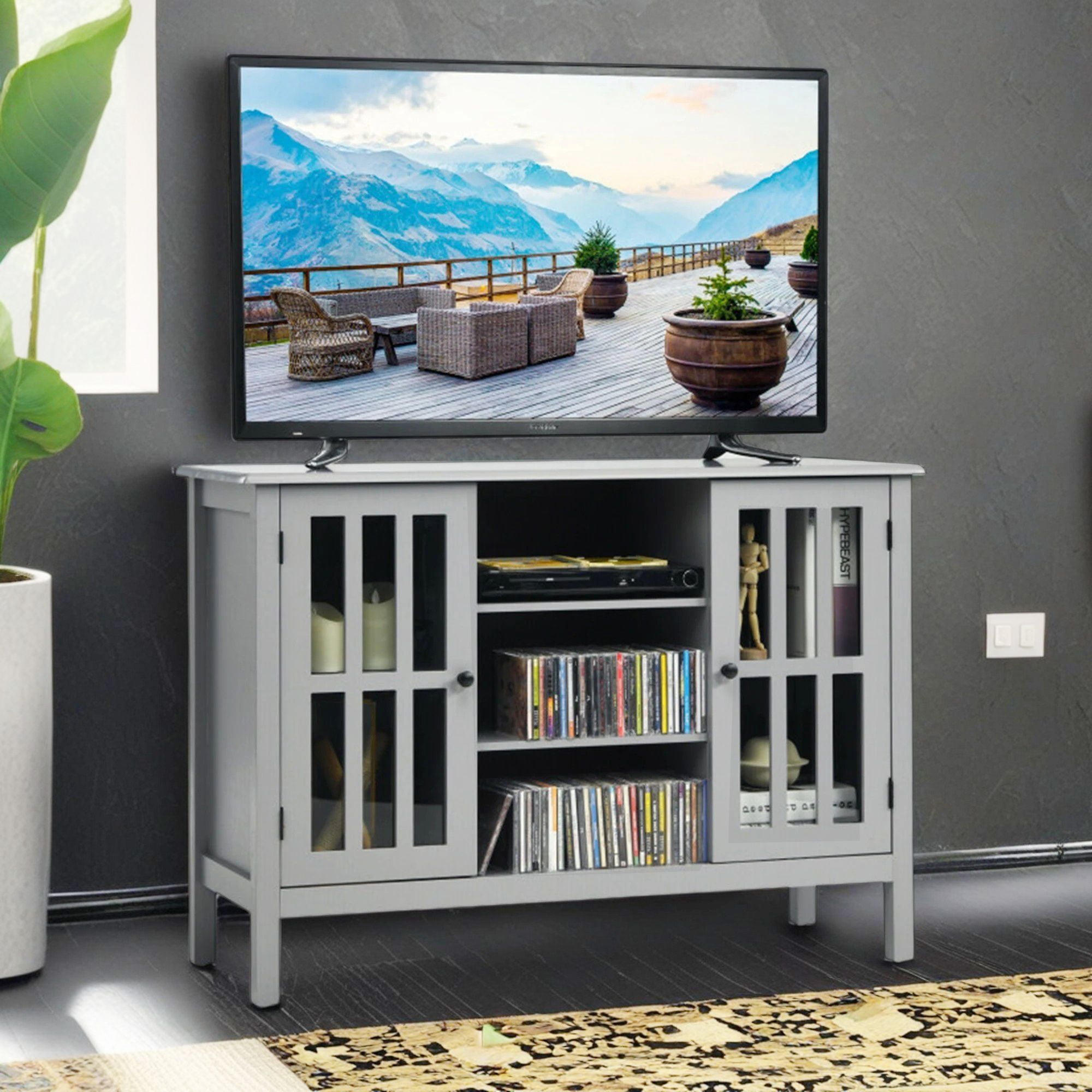 Demi Bonn TV Cabinet, Wooden TV Stand Console Cabinet for 50" TV, Media Entertainment Center with Storage for Living Room, Bedroom, Gray