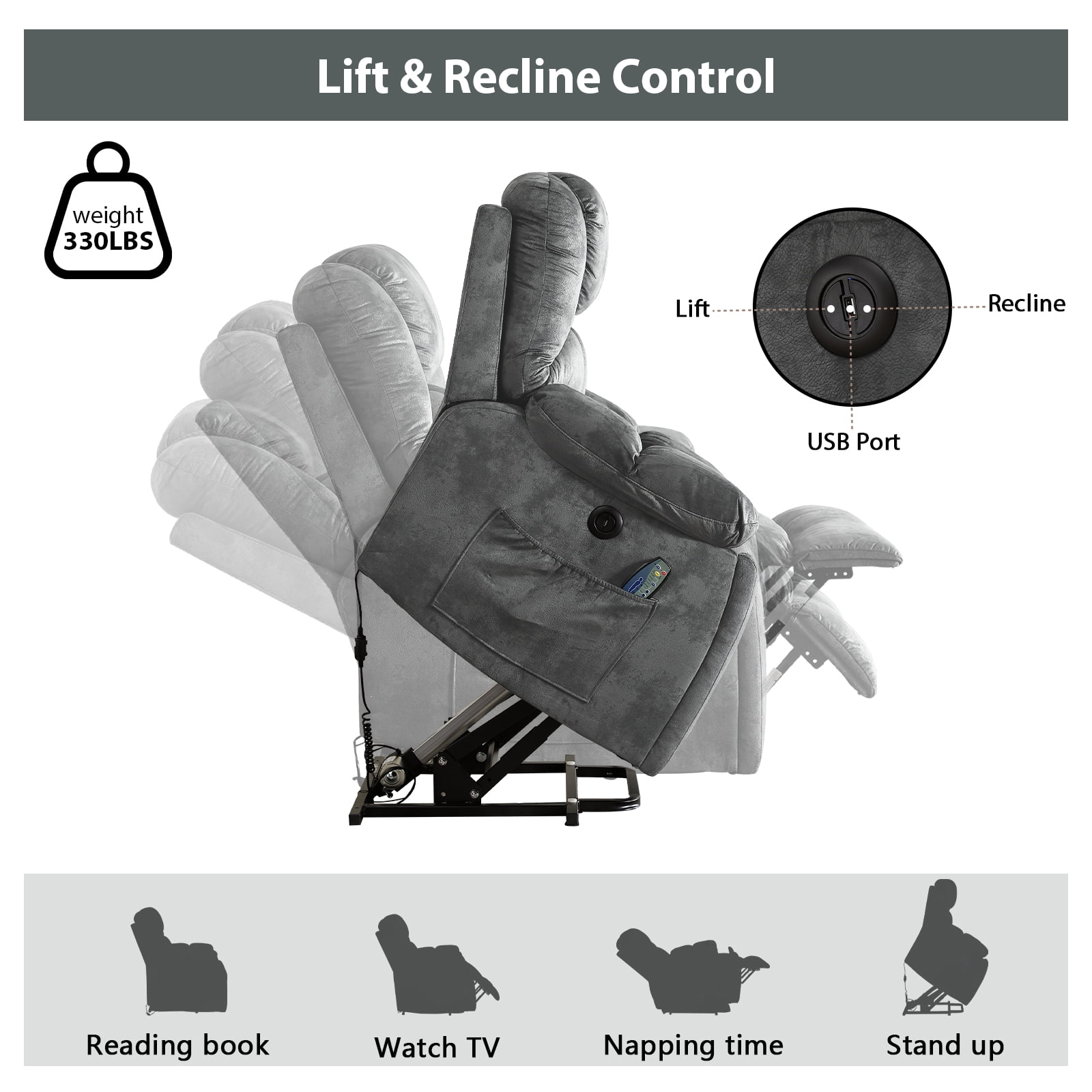 Bonzy Home Power Lift Recliner,Elderly Lift Chair with Heat Therapy and Massage Function,Remote Control,Side Pocket,Living Room, Gray