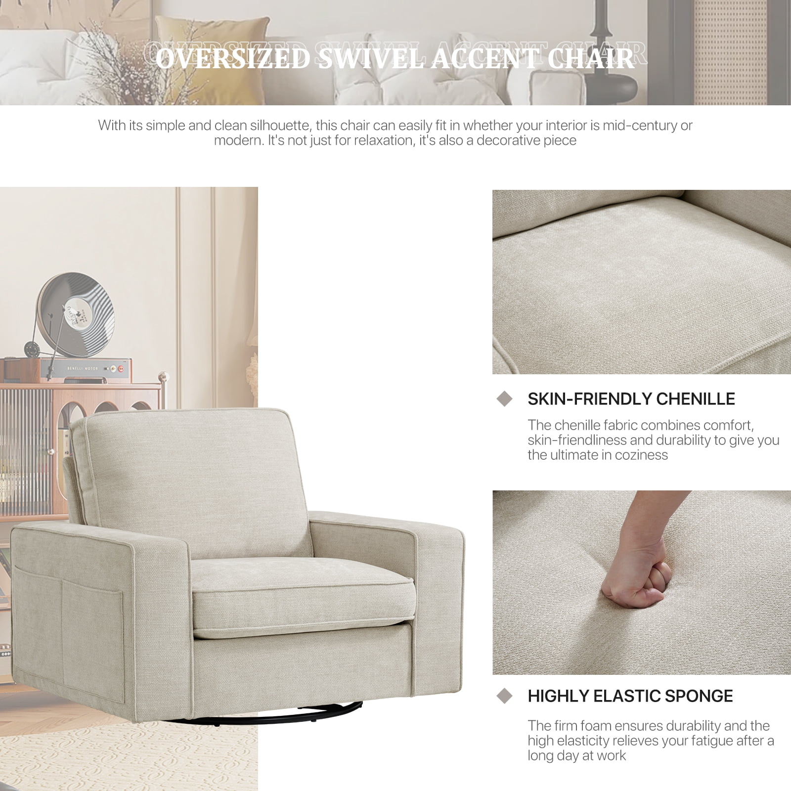 INGALIK Swivel Accent Chair, 40.2"W Oversize Chenille Accent Armchair with Storage Bag, Modern Comfortable Chair for Living Room, Bedroom, Beige