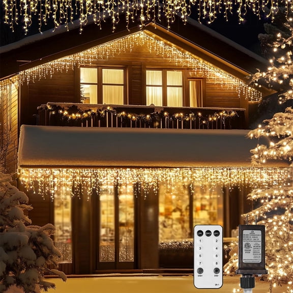400 LED 33ft Christmas Icicle Lights, 8 Modes Curtain Fairy String Light with Remote & Timer, IP44 Waterproof LED String Lights for Outdoor Decorations, Roof, Party, Wedding, Holiday, Warm White
