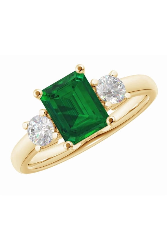 1 to 6 Carat Emerald 14K Yellow Gold 3 Stone LAB GROWN Gemstone and LAB GROWN Diamond Engagement Ring (1ct Center, VS1-VS2 Clarity) Emerald 6 Carat Size: 6