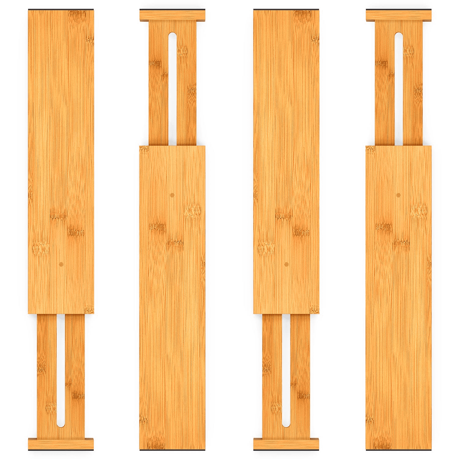 LifeReorganized 4-Pack Bamboo Drawer Dividers - Kitchen, Bedroom, Bathroom, Jewelry - Spring Loaded Tension with Eva Pads on Each End to Hold Tight