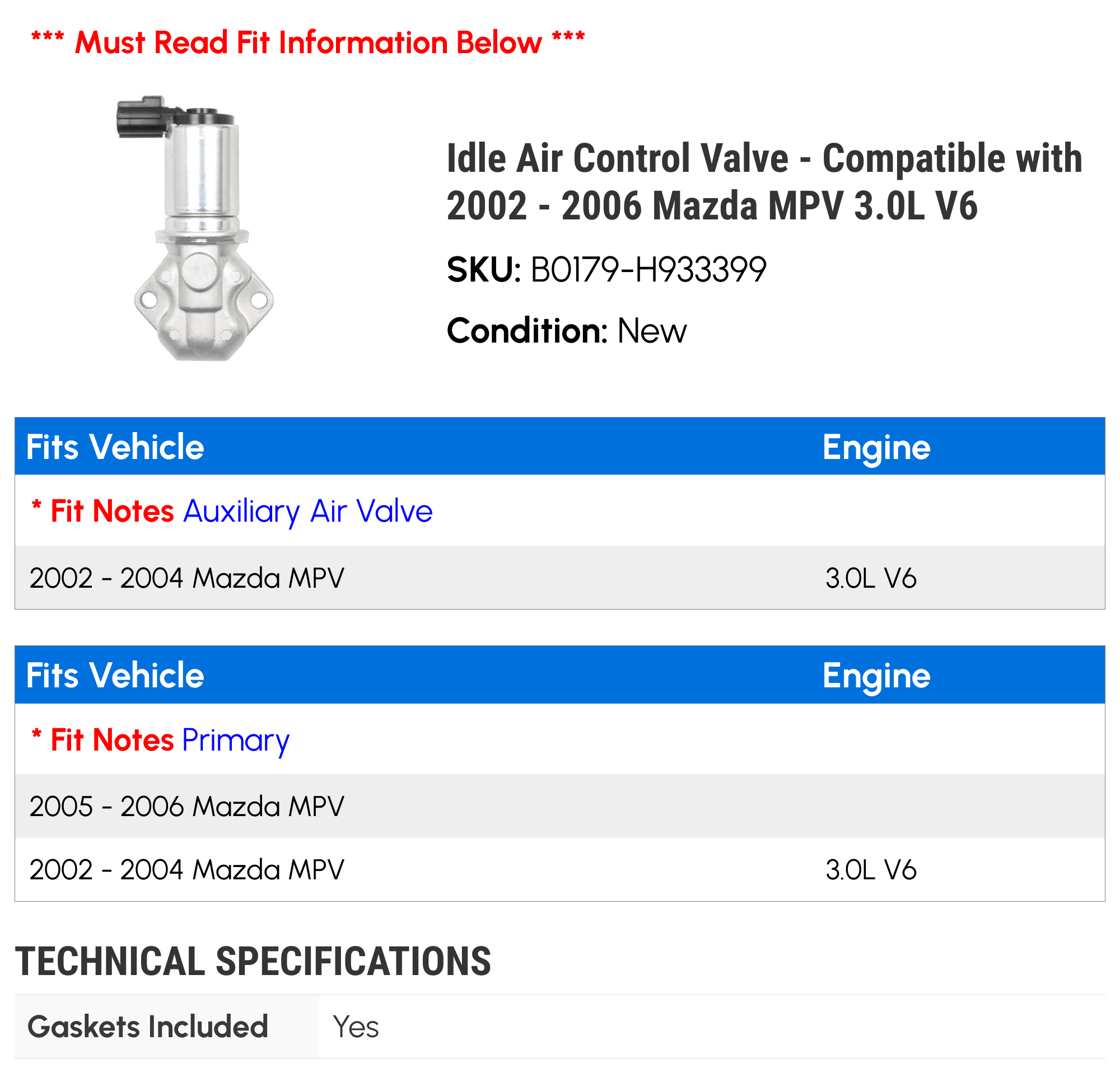 Idle Air Control Valve - Compatible with 2002 - 2006 Mazda MPV 3.0L V6 2003 2004 2005