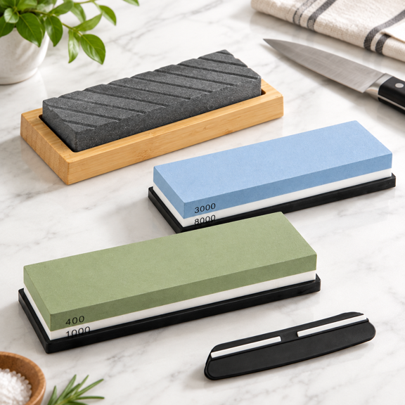 Dual-Grit Whetstone Sharpening Kit with Angle Guide and Flattening Stone