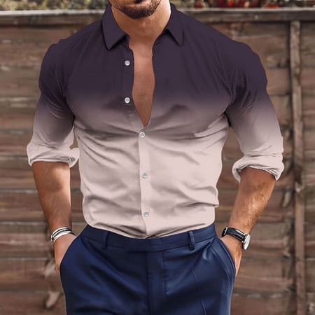 cllios Button Down Shirts for Men Big and Tall Long Sleeve Beach T Shirts Trendy Gradient Color Work Tees Regular Fit Lapel Blouse Tops Prime