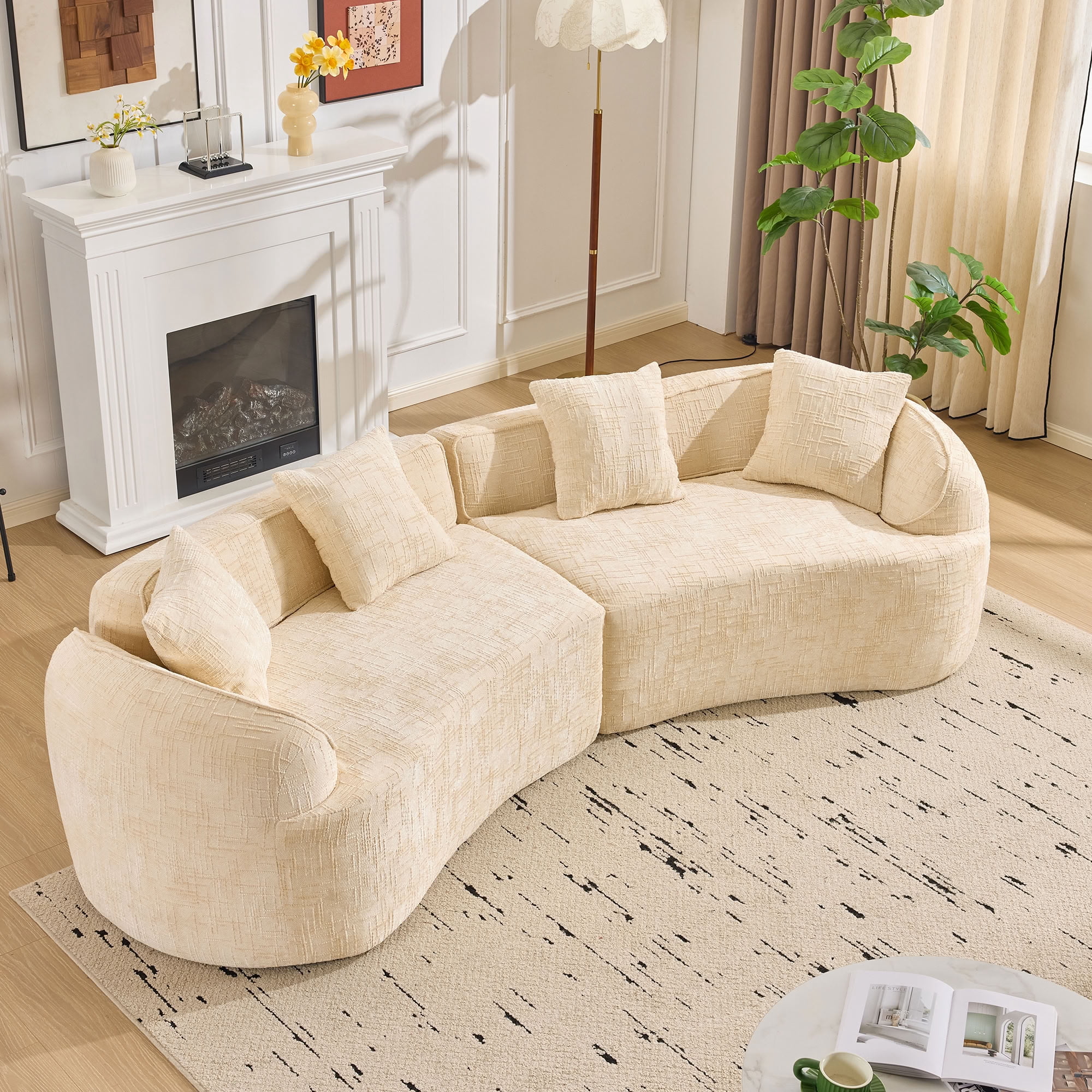 MAYEERTY 4-Seat Curved Compressed Sectional Sofa, Upholstered Cloud Modular Couch with Throw Pillows, No Assembly for Living Room Apartment Small Spaces