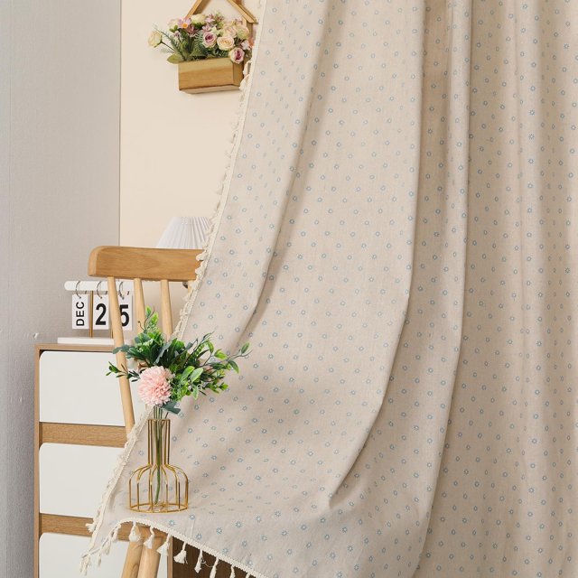 1 Pair Blue Daisy Linen Curtains Rustic Country Style Light Filtering Rod Pocket Window Drapes Beige Tassels, 52" W x 84" L