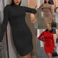 thumbnail image 3 of Red S Minivestido ajustado a la cadera con cintura alta fruncido liso con cuello redondo y manga larga para mujer, 3 of 5