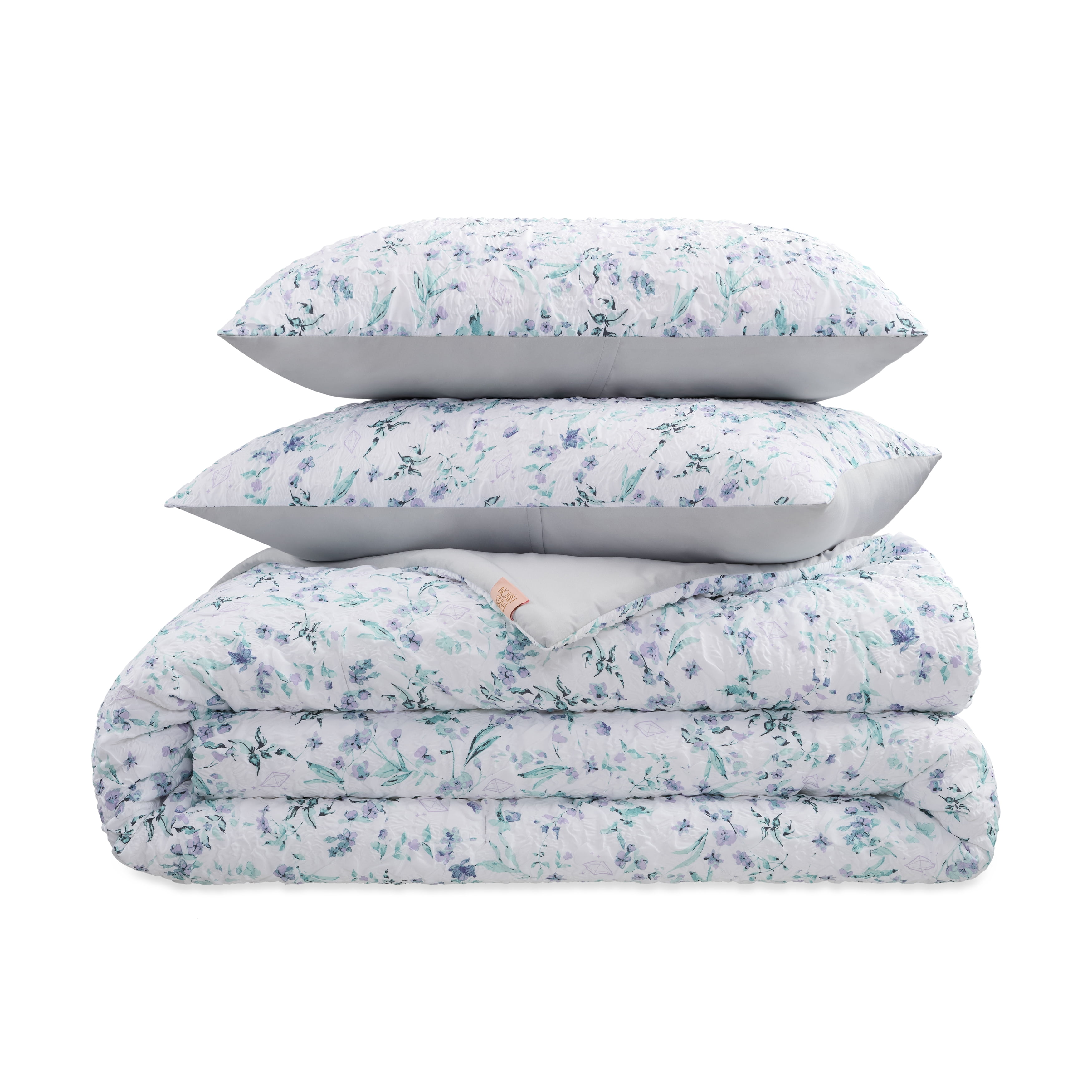 Paris Hilton Camille Lilac Grey Floral Quilt Set, King, Reversible 3-Piece Bedding, Lightweight