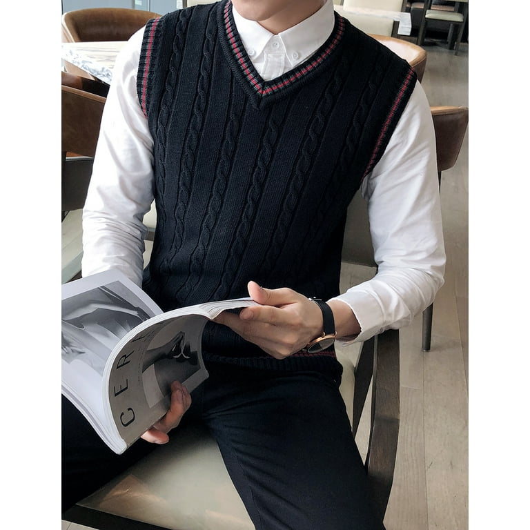 Toptie Men's 100% Cotton Knit Sweater Vest, V Neck Cable Pattern