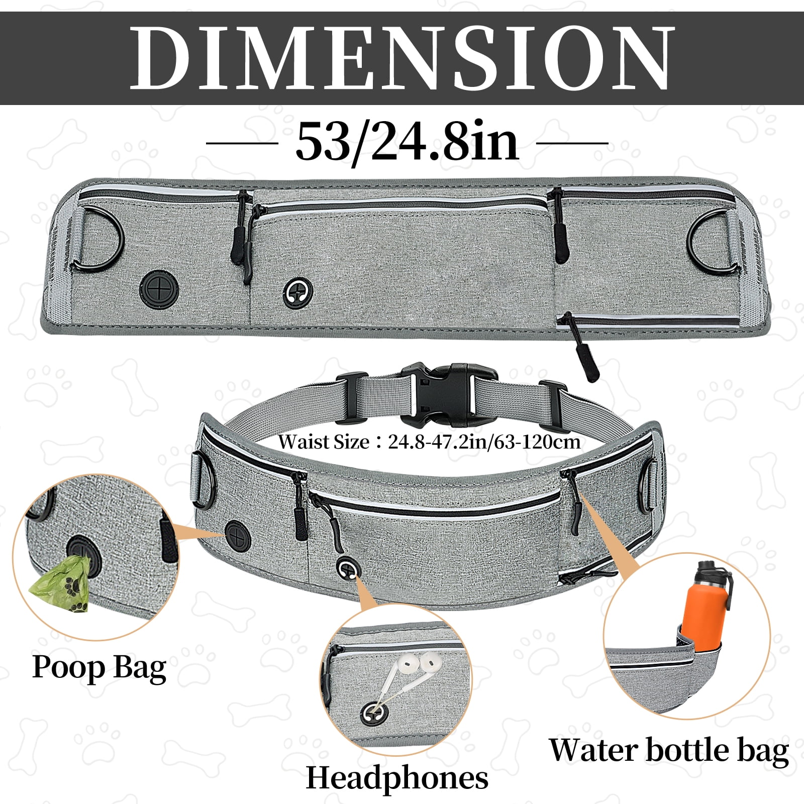 Gray Waist Dog Leash Hands Free Dog Leash, Waist Running Leash with Zipper, Walking Pouch for Dog Walking, Bungee Retractable Running for Medium to Large Dogs