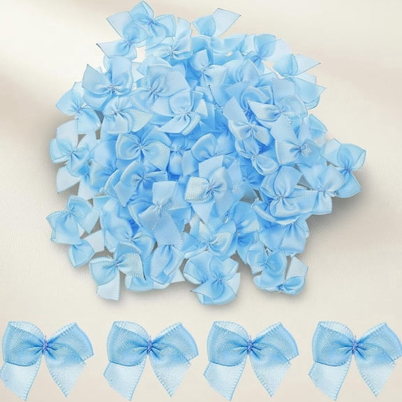 Small Bows for Crafts, Mini Blue Satin Ribbon Bows Flowers Appliques DIY Craft Pre-Tied Wrapping Bow for Sewing Scrapbooking Decoration
