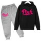 thumbnail image 3 of Sudadera con capucha para niños con estampado de letras rosas, abrigo y pantalones para niñas, 2 piezas, ropa de 3 a 12 años, conjunto deportivo de moda informal y encantador, 3 of 5