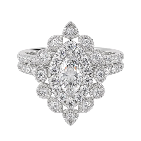AFFY Marquise Frame Halo Beaded Bridal Ring Set for Women 1.00 Cttw Marquise and Round Lab Grown Diamond Engagement Wedding Ring in 14K White Gold Plated 925 Sterling Silver Jewelry Size-10