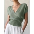 thumbnail image 4 of Gynyvoja Women'S V-Neck Wrap Front Ribbed Knit Short Sleeve Fitted Cropped Sweater Tos Gray-Green S, 4 of 7