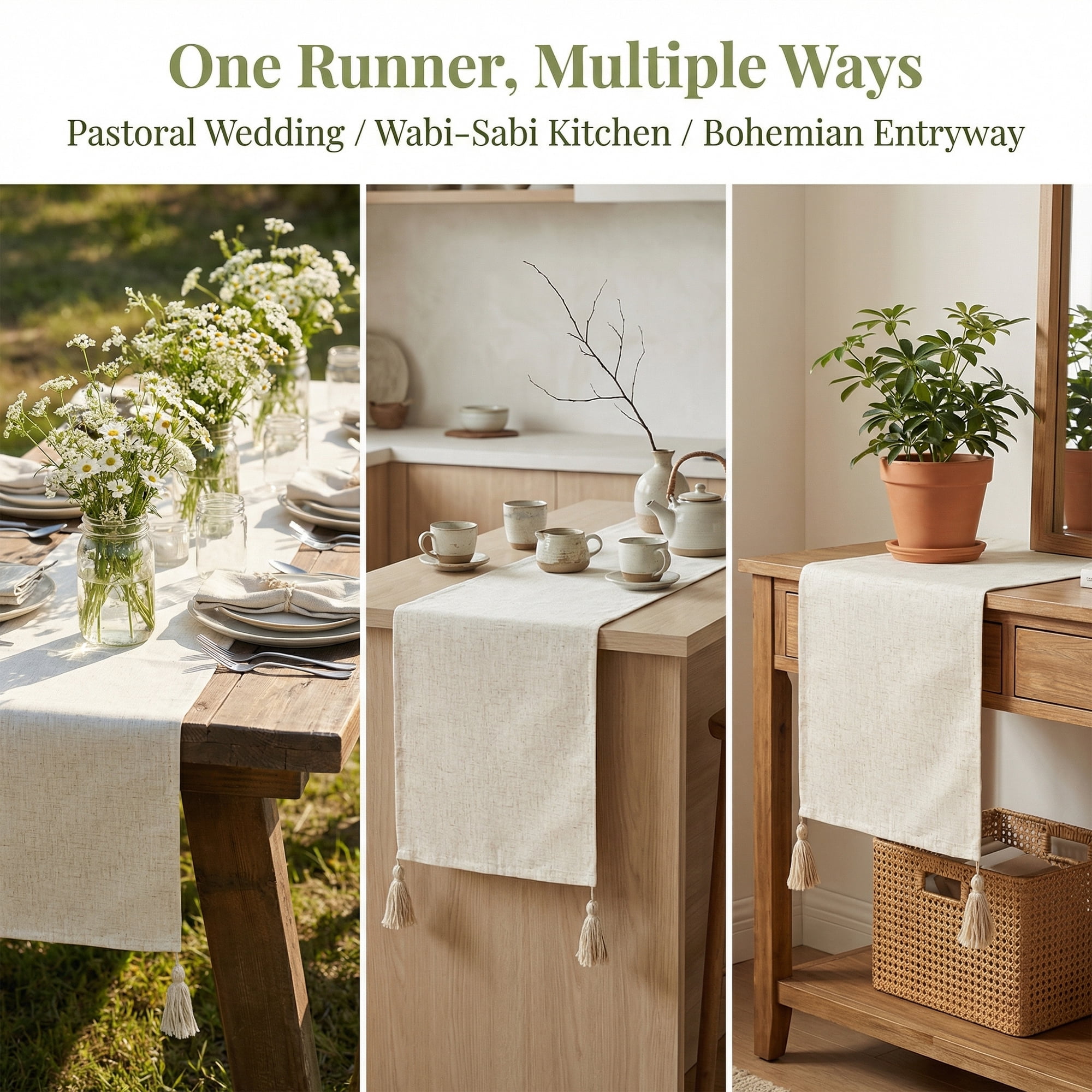 Unique Bargains Table Runner for Kitchen Decor with Tassel White 11.8x86.6in