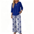 thumbnail image 5 of Women’s Casual Printed Two Piece Outfit Button Down Three Quarter Sleeve Top and Wide Leg Long Pants Set for Daily Wear, 5 of 7