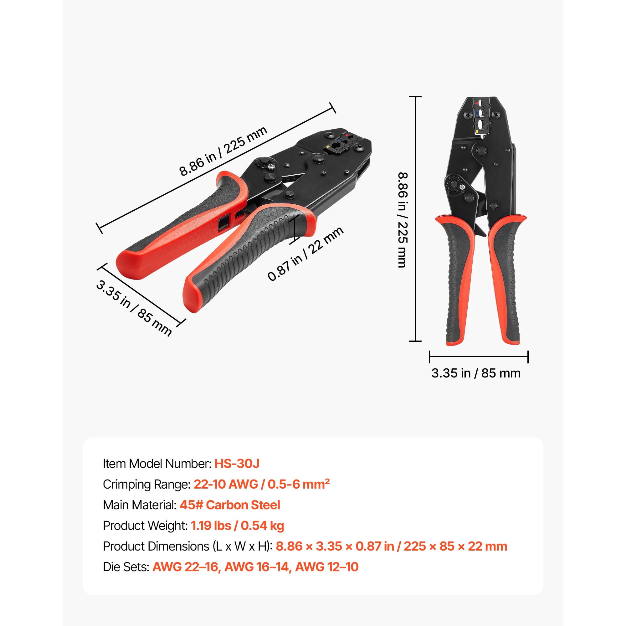 KFFKFF Ratcheting Wire Crimper Tool, 22-10 AWG Electrical Terminal Pliers with Adjustable Force, Clear Metric & AWG Markings, Quick Release Design for Versatile Applications