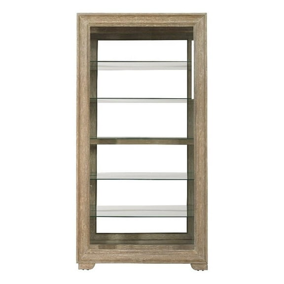 Pemberly Row Light Brown Wood Modern Sliding Door Curio with LED Light