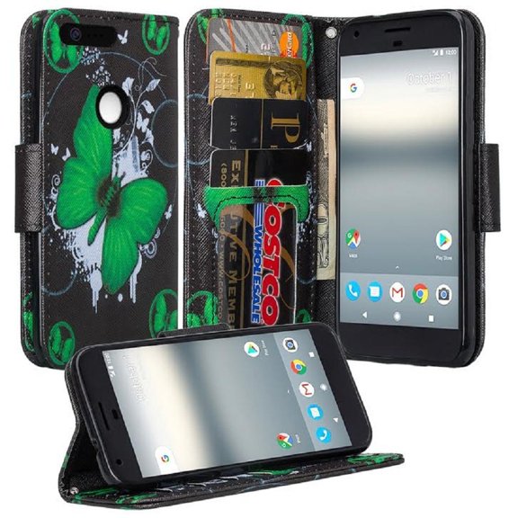 SOGA Google Pixel XL Case, Google Pixel XL Wallet Case, [Pocketbook Series] Leather Magnetic Flip Design Wallet Case for Google Pixel XL - Green Butterfly