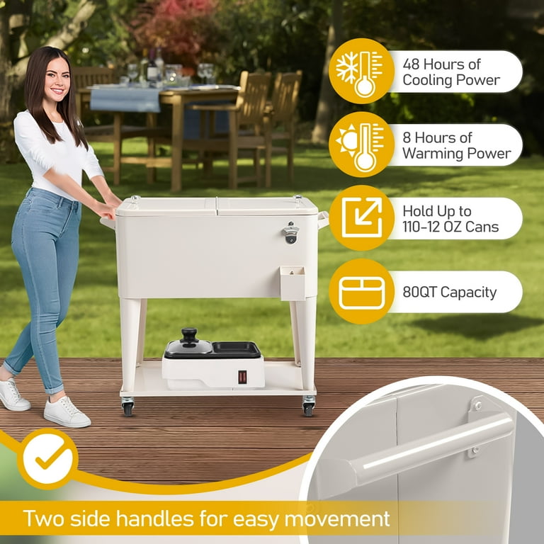 Ktaxon 80 Qt Rolling Ice Chest Cooler Cart Outdoor Trolley with Storage Shelf, Bottle Opener & Cap Collector for 48 Hour Cold Drinks,White