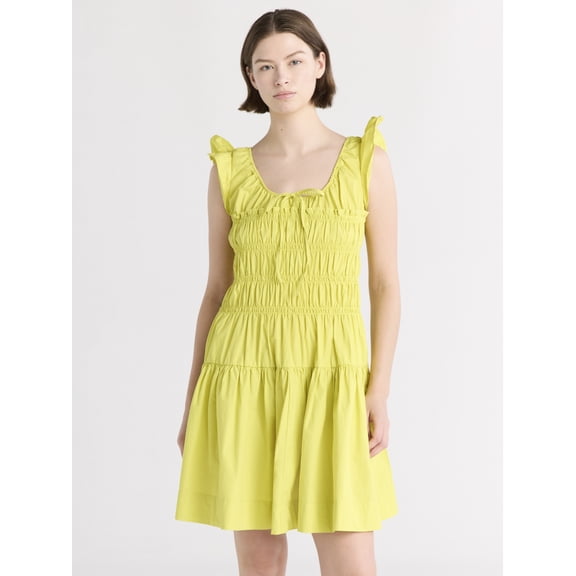 Free Assembly Women's and Women’s Plus Smocked Cotton Mini Dress with Flutter Sleeves, Sizes XS-4X