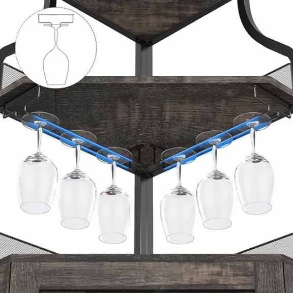 Corner Wine Bar Rack Cabinet, L-Shape, Brown, 18.5"W x 17.7"D x 61"H, Rustic Style, Living Room Wine Cabinet with Detachable Rack and Mesh Door