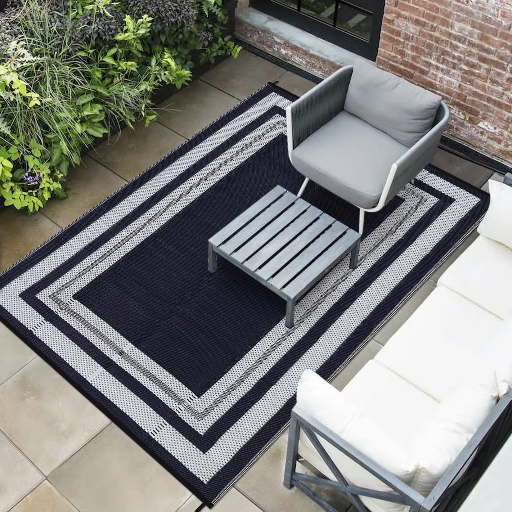 HOMERRY Geometric Border Outdoor Rug Straw Plastic Area Rug for Balcony Pool RV Waterproof Reversible Carpet, Navy, 5'x 8'