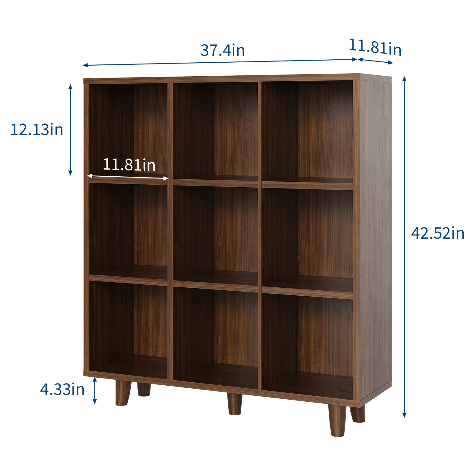 COZONY 9-Tier Mid-Century Modern Bookshelf with Rustic Brown Wood Cubes, Open Display Storage with Anti-Tipping Legs for Living Room, Home Office,Red Color