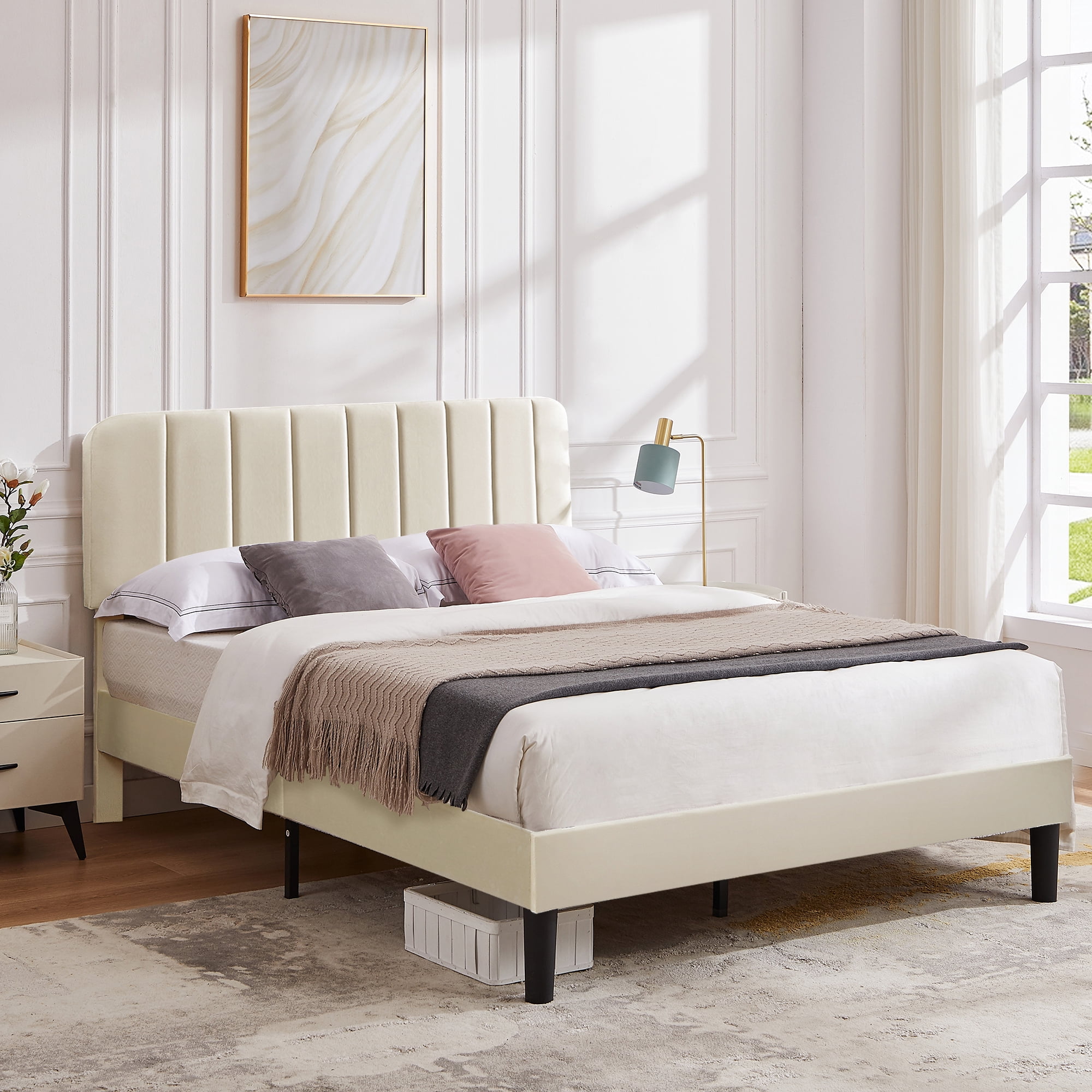 Taomika, Queen Size Upholstered Platform Bed Frame with Adjustable Headboard-Beige